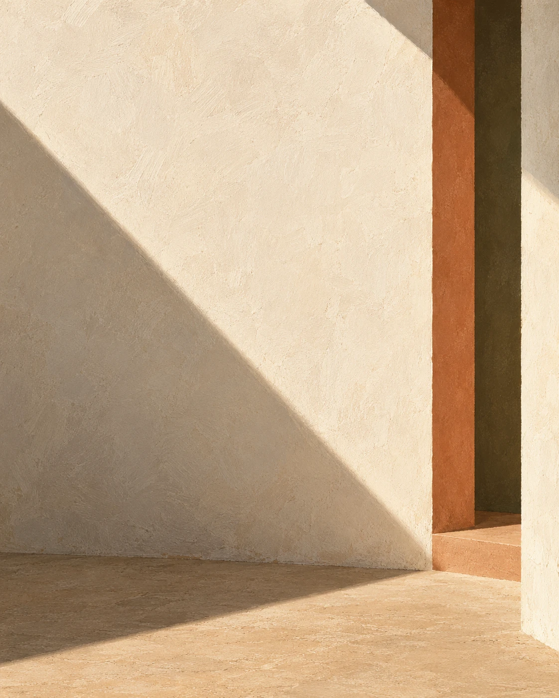 Ilustração de ambiente: luz e sombra sobre planos de reboco claro e terracota